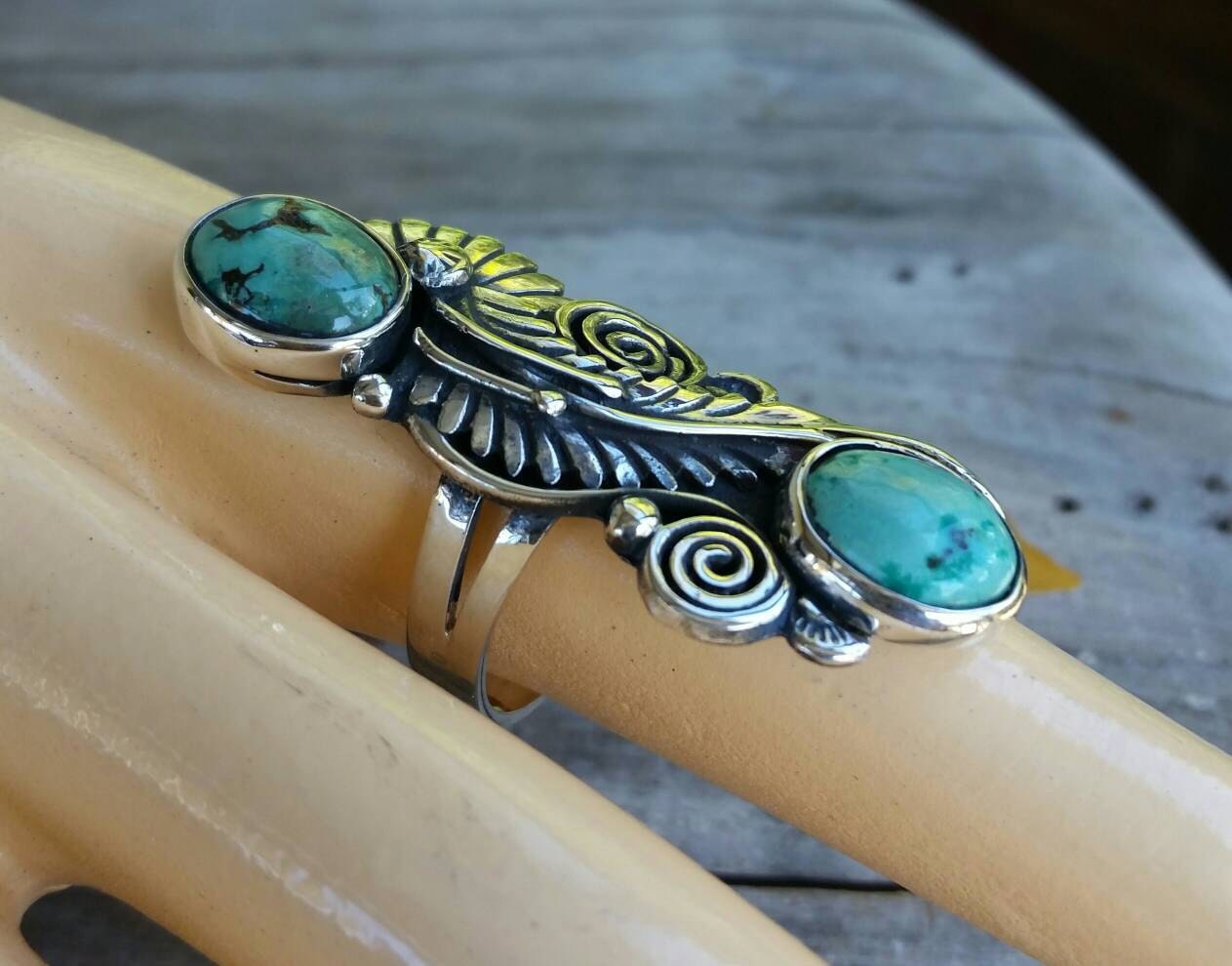 turquoise ring,925 sterling silver,long handmade silver ring,natural turquoise stones,scroll leaf,alternative goddess, art nouveau