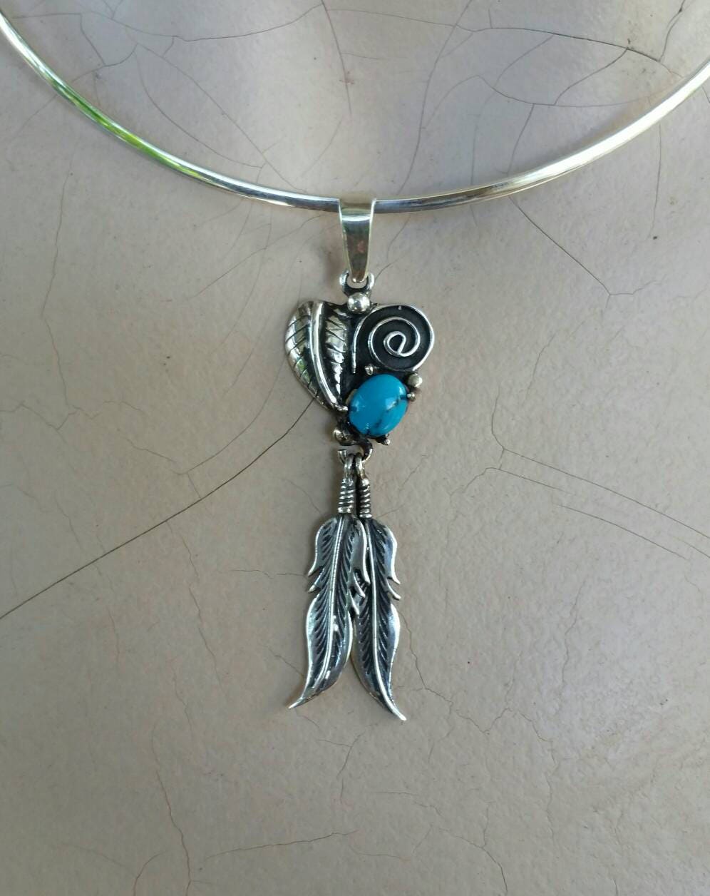 Turquoise feather pendant,sterling silver,boho  pendant,gypsy,hippy,