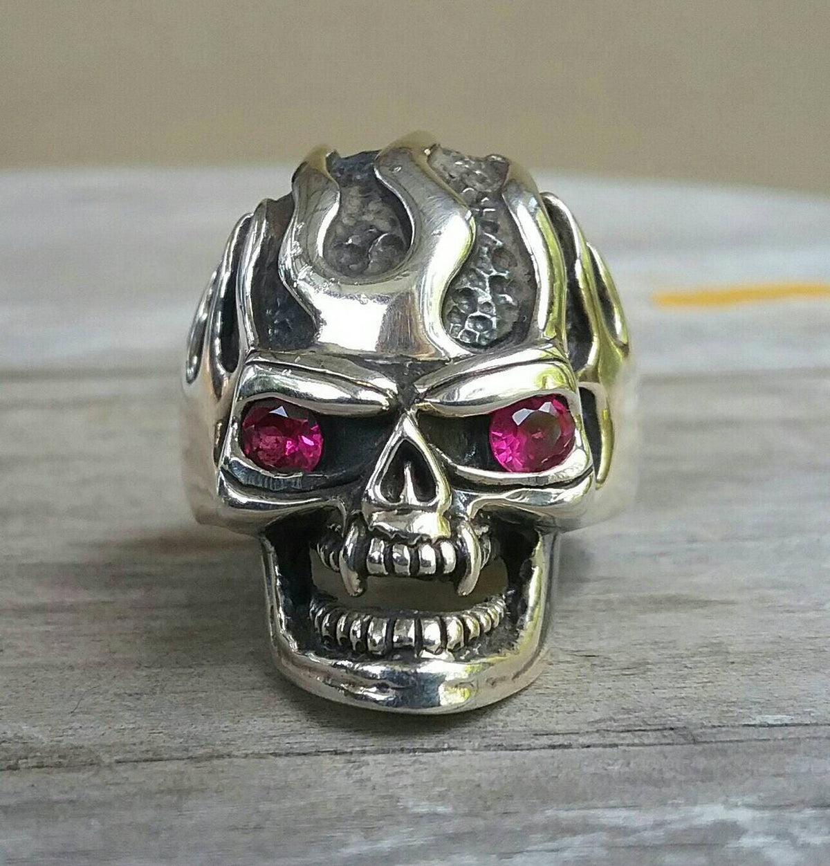 Vampire flame Skull ring,sterling silver ,red cz eyes,skeleton, steampunk,gothic,punk, sterling silver,handmade,hipster,