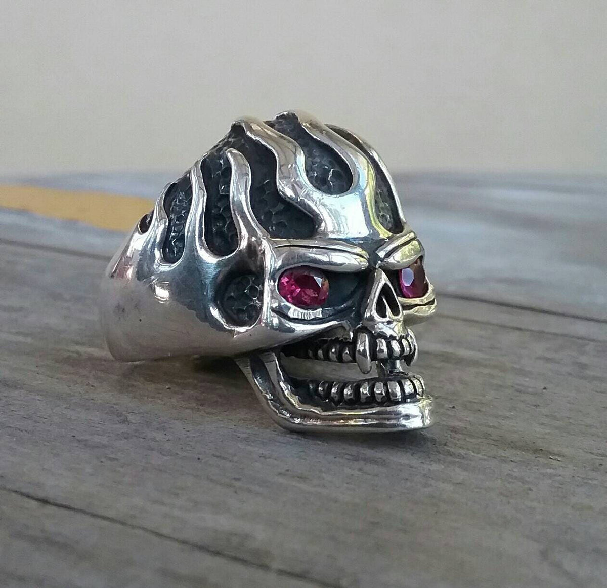 Vampire flame Skull ring,sterling silver ,red cz eyes,skeleton, steampunk,gothic,punk, sterling silver,handmade,hipster,