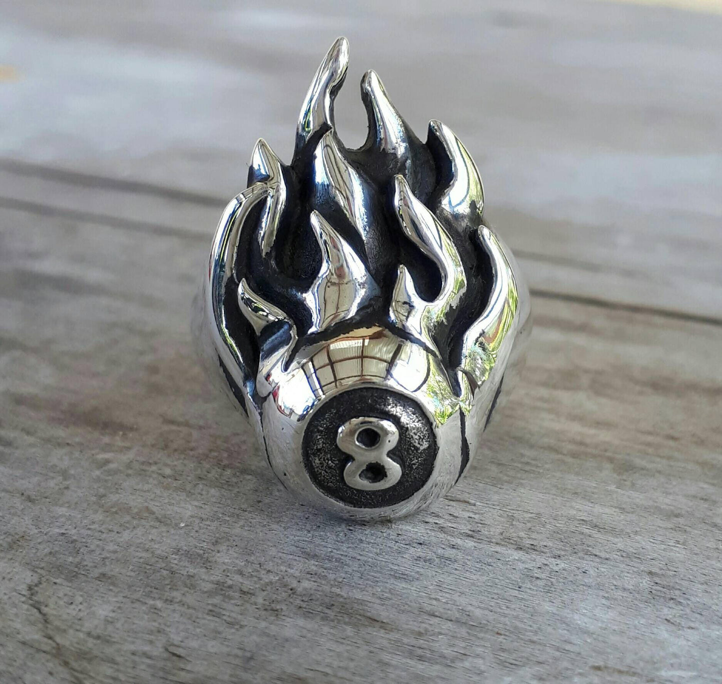 Eight ball flame ring,solid sterling silver,  pool,billards,muscle car culture, rockabilly,hand made,long ring,unisex ring,