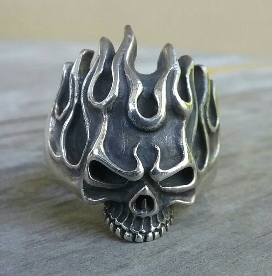 Skull ring,sterling silver,flames,roth style flames,steampunk, gothic, punk, sterling silver,hand made,flat skull,