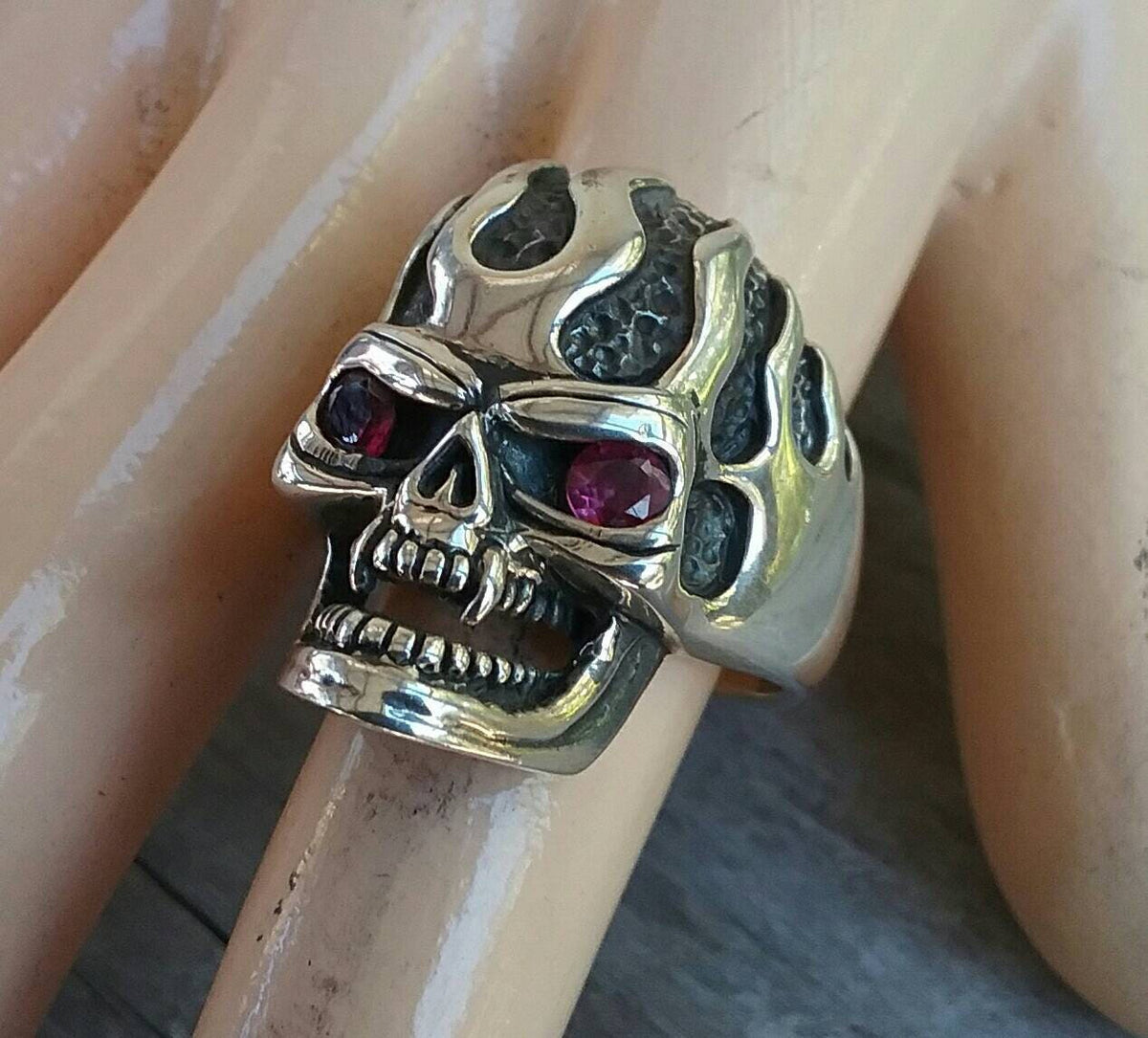Vampire flame Skull ring,sterling silver ,red cz eyes,skeleton, steampunk,gothic,punk, sterling silver,handmade,hipster,