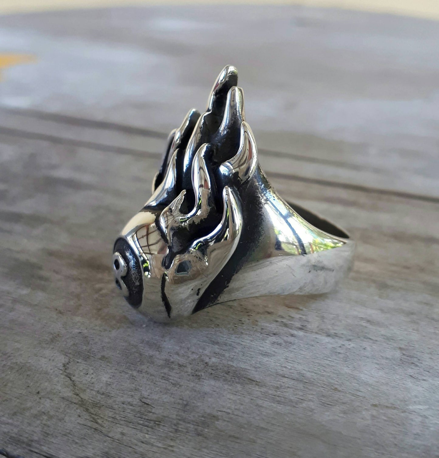 Eight ball flame ring,solid sterling silver,  pool,billards,muscle car culture, rockabilly,hand made,long ring,unisex ring,