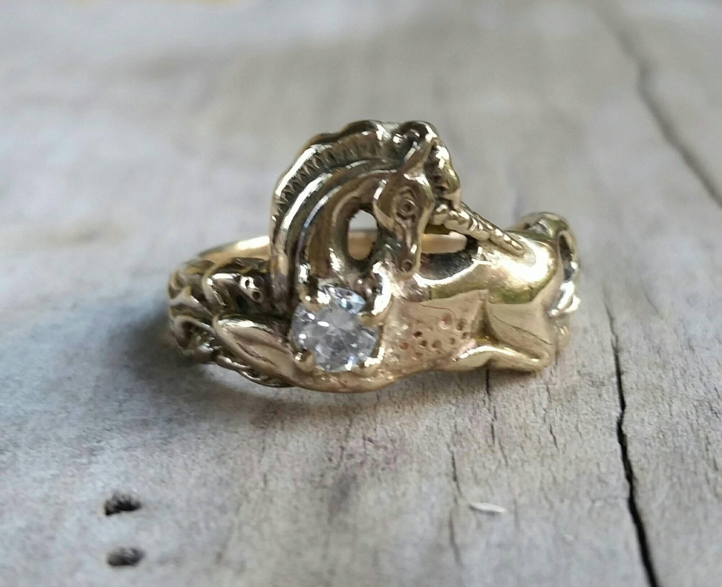 9k Gold Unicorn ring,solid 9ct gold, mythical horse, fantasy,cubic zirconia, new age boho, hippy