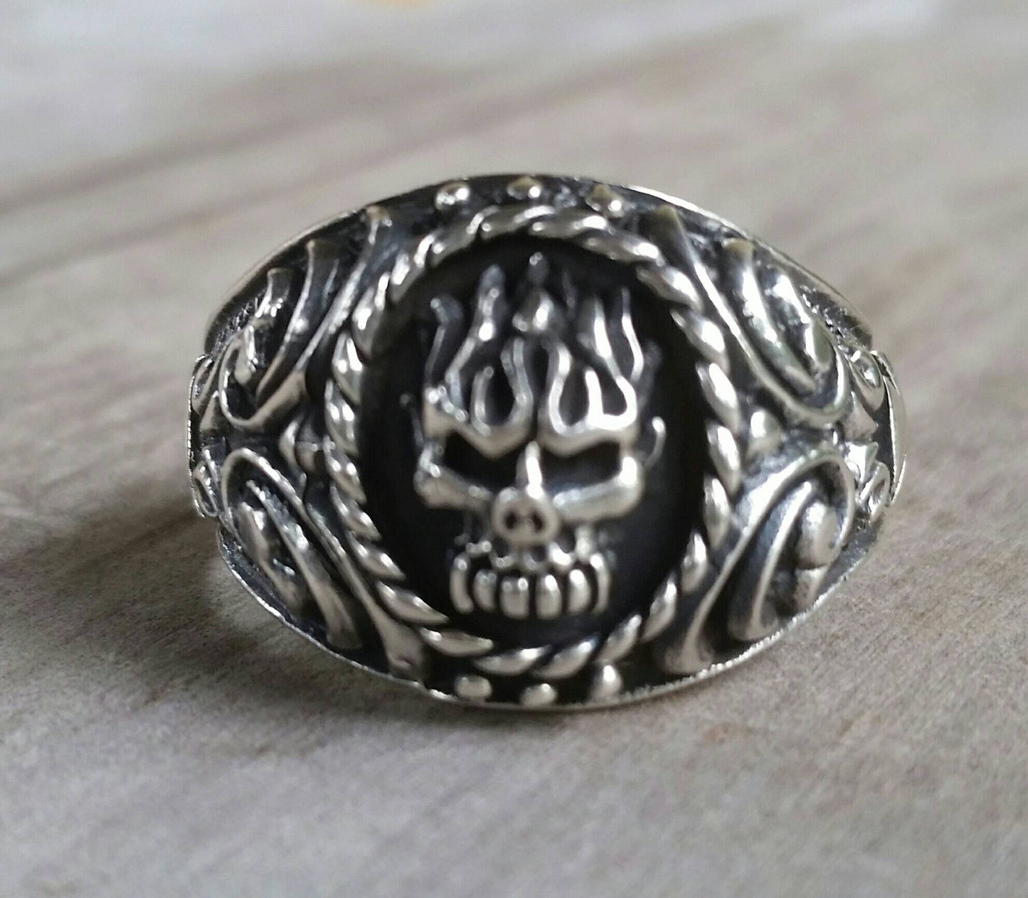 skull flame ring,sterling silver,signet ring,steampunk, gothic, punk,cowboy,handmade,hipster,rockabilly,women's skull,men's fashion,