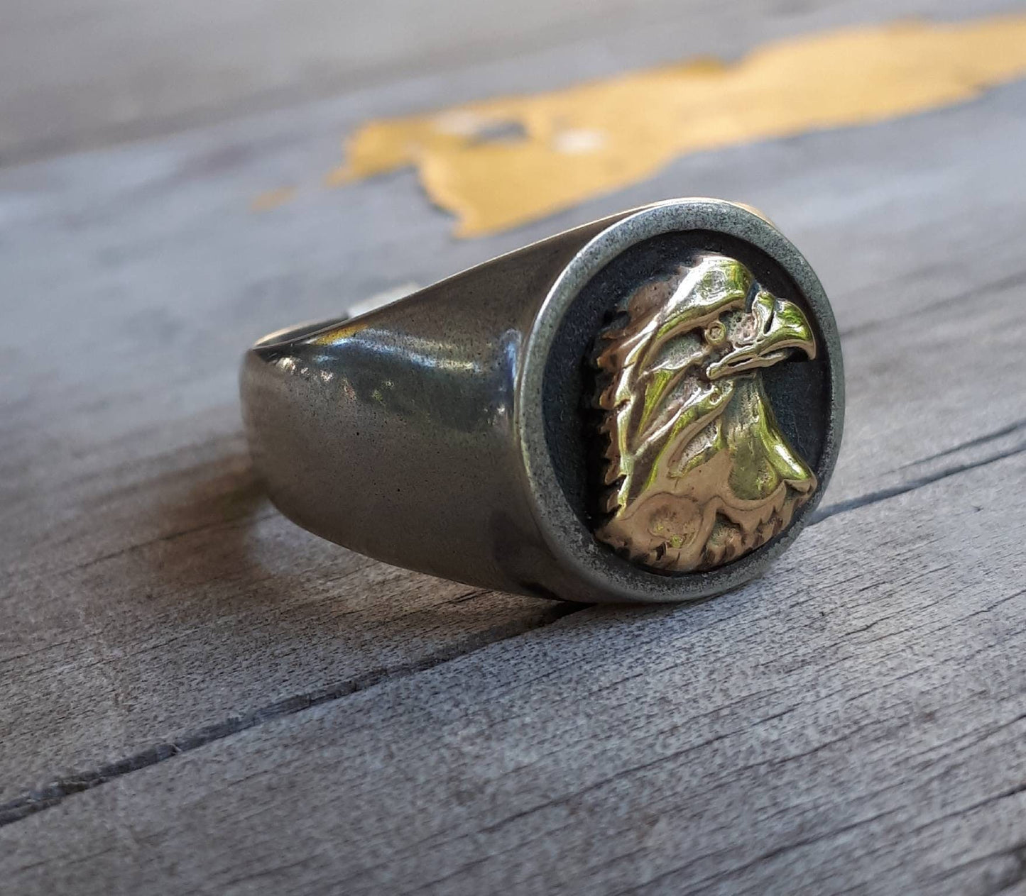 Eagle ring,two tone,signet ring,9k gold,sterling silver,hawk,Phoenix,handmade,mixed metal,cowboy,country and western,mens fashion,boho,