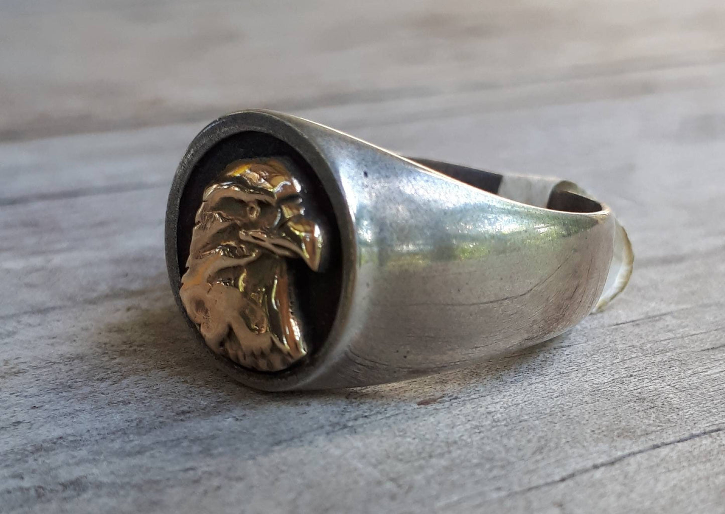 Eagle ring,two tone,signet ring,9k gold,sterling silver,hawk,Phoenix,handmade,mixed metal,cowboy,country and western,mens fashion,boho,