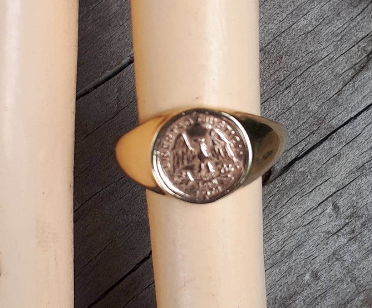 9k Gold coin ring , signet ring 1971 quarto peso, 9ct gold coin replica solid ring.