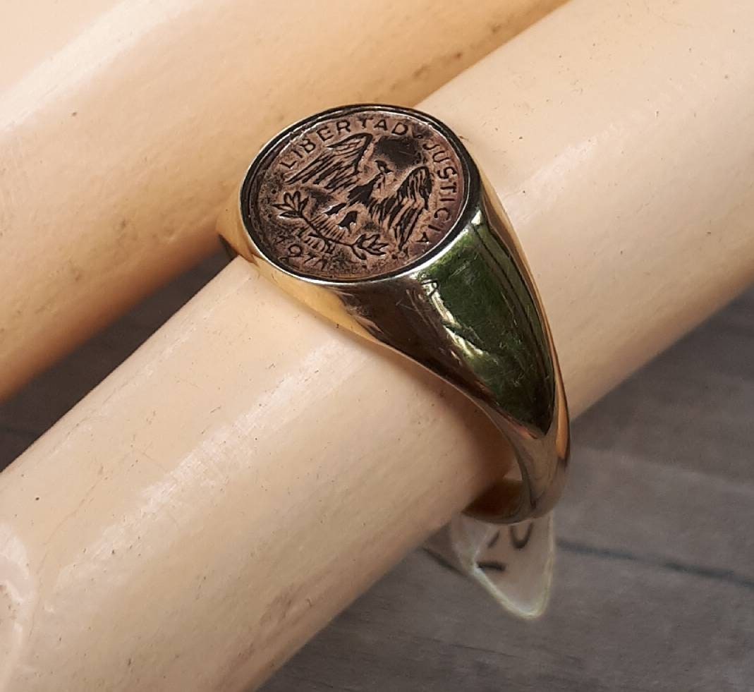 9k Gold coin ring , signet ring 1971 quarto peso, 9ct gold coin replica solid ring.