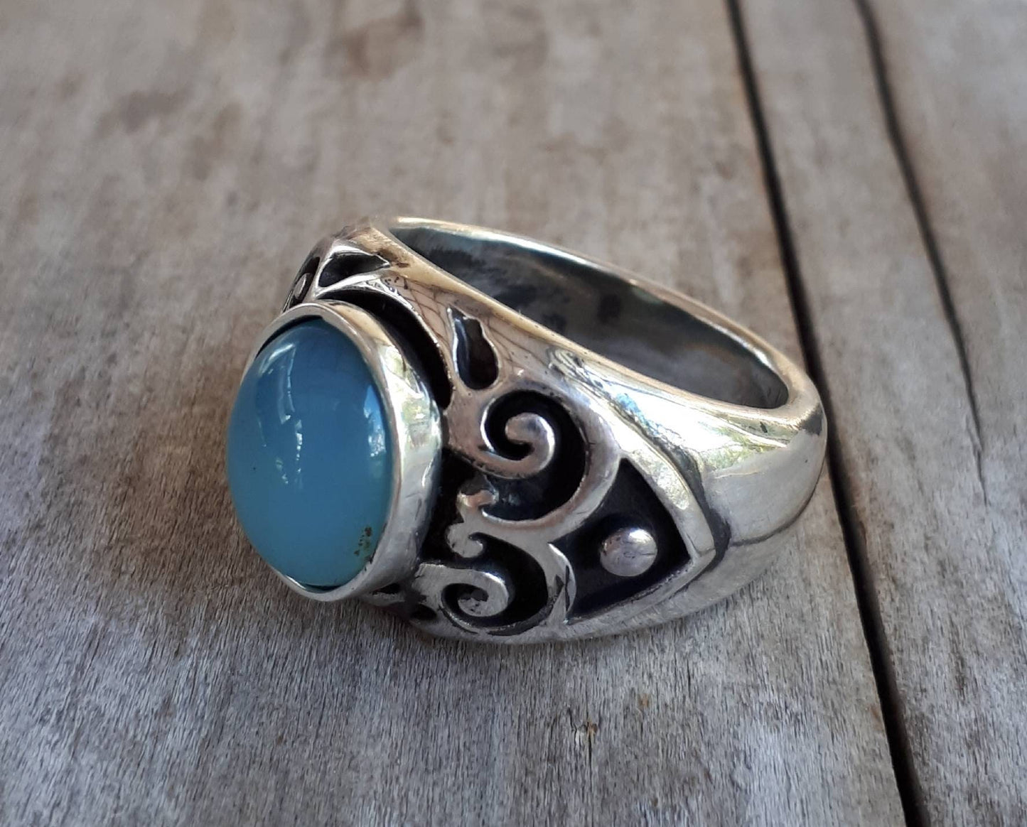 Blue chalcedony,mens ring,sterling silver,signet ,tribal,vintage,boho,hipster,handmade,mens fashion,wedding,chunky,mens stone ring,Celtic,