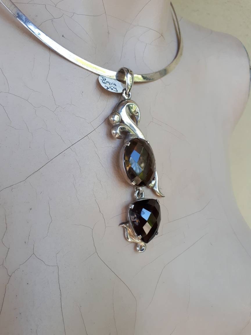 Large silver stone pendant,Smokey quartz,sterling silver,handmade, antique,boho,choker,bridal necklace,crystal,new age,goddess