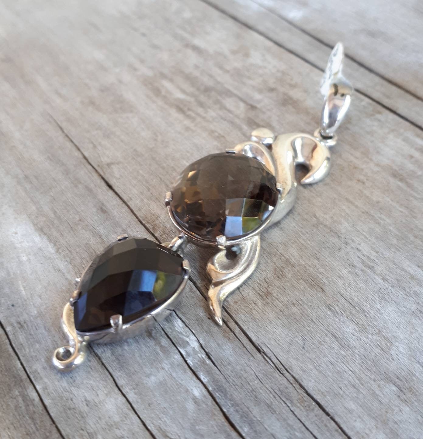 Large silver stone pendant,Smokey quartz,sterling silver,handmade, antique,boho,choker,bridal necklace,crystal,new age,goddess