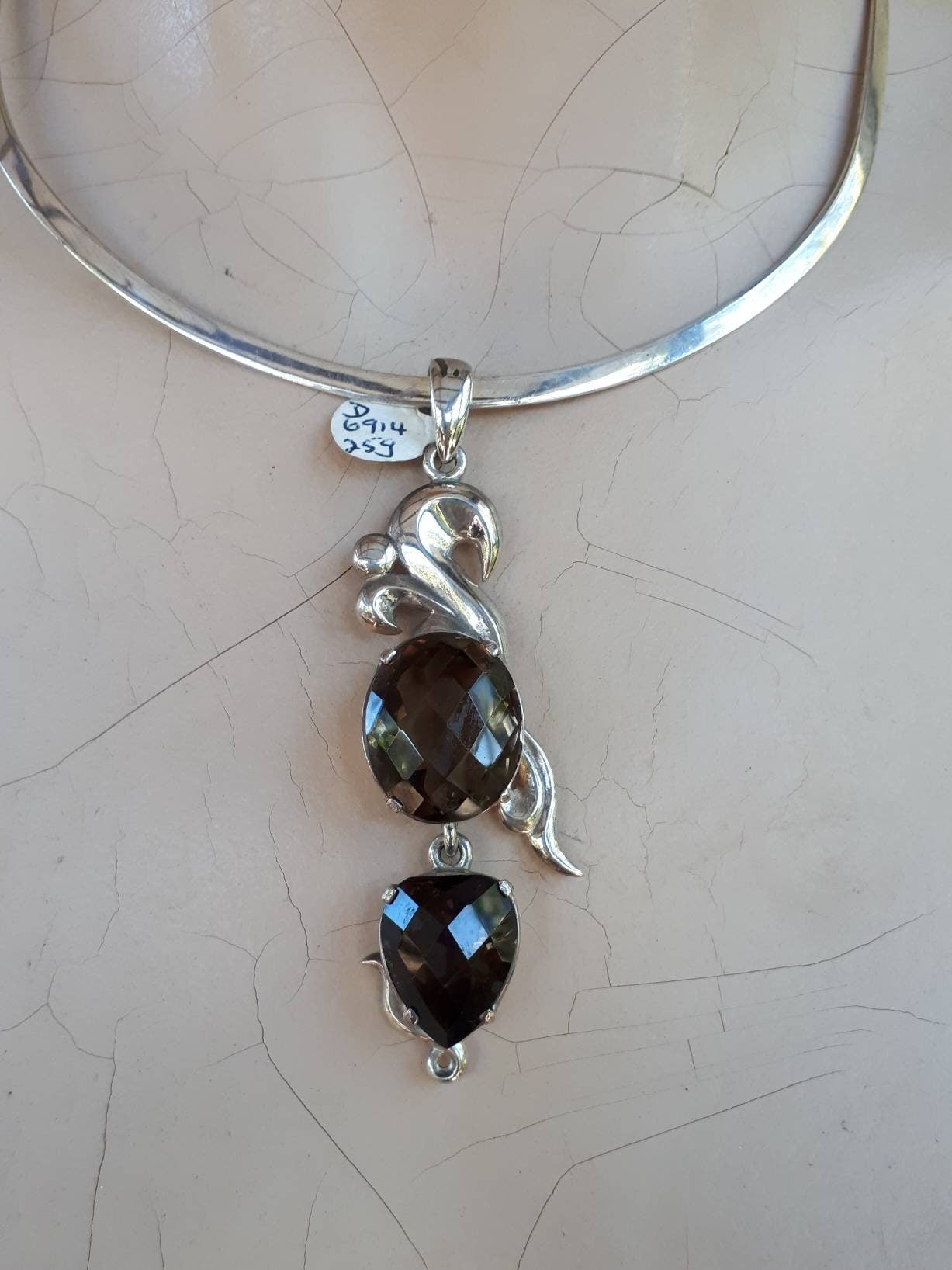 Large silver stone pendant,Smokey quartz,sterling silver,handmade, antique,boho,choker,bridal necklace,crystal,new age,goddess