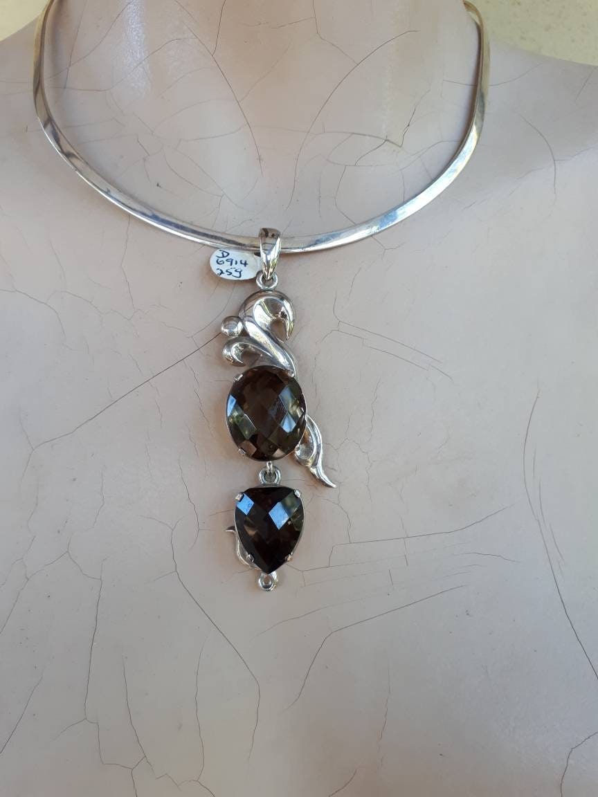 Large silver stone pendant,Smokey quartz,sterling silver,handmade, antique,boho,choker,bridal necklace,crystal,new age,goddess