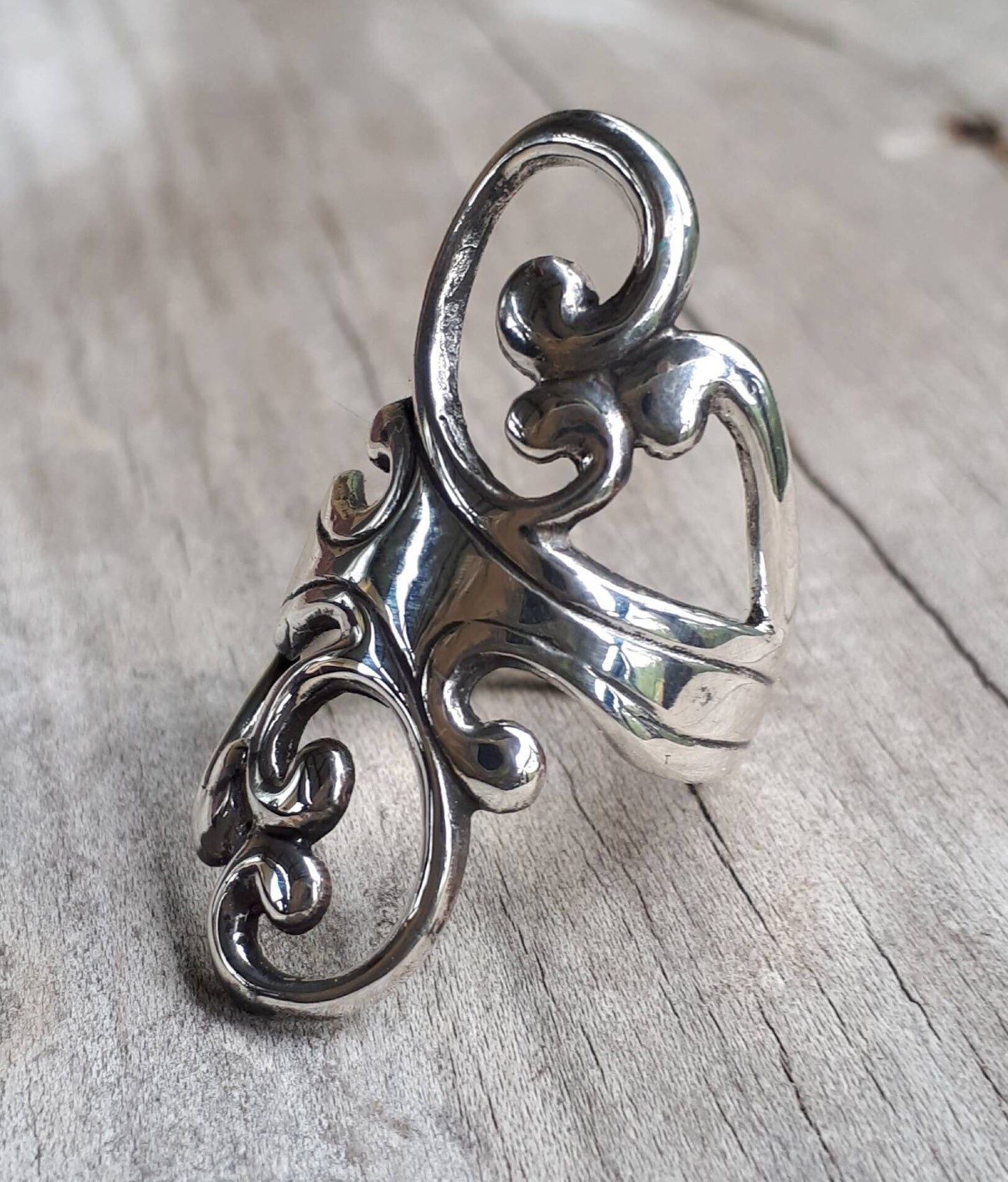 Long ring,scroll,925 sterling silver,boho,goddess,new age,vintage,gypsy,shabby chic,women's fashion,baroque,designer,steampunk,rockabilly