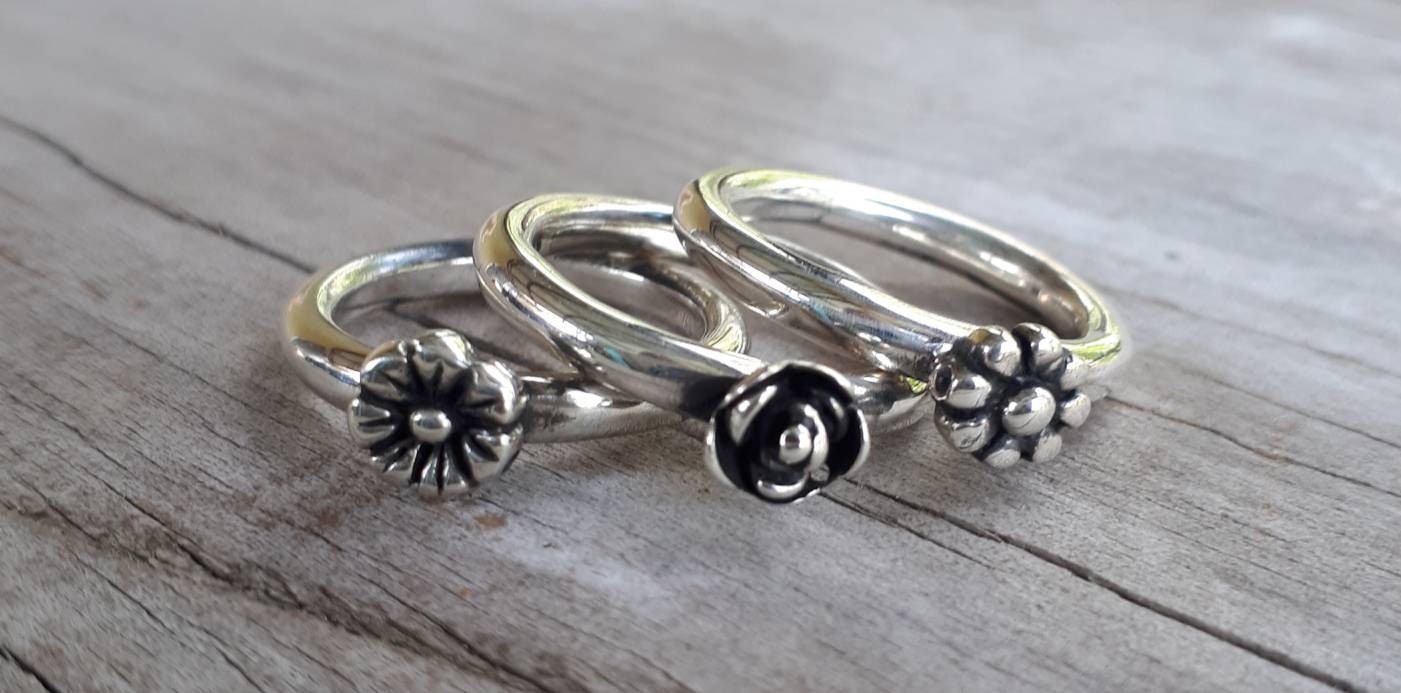 stackable rings,925 sterling silver,flower ring,rose ring,chunky band,handmade,boho,goddess,wedding bands,thick silver rings,tribal