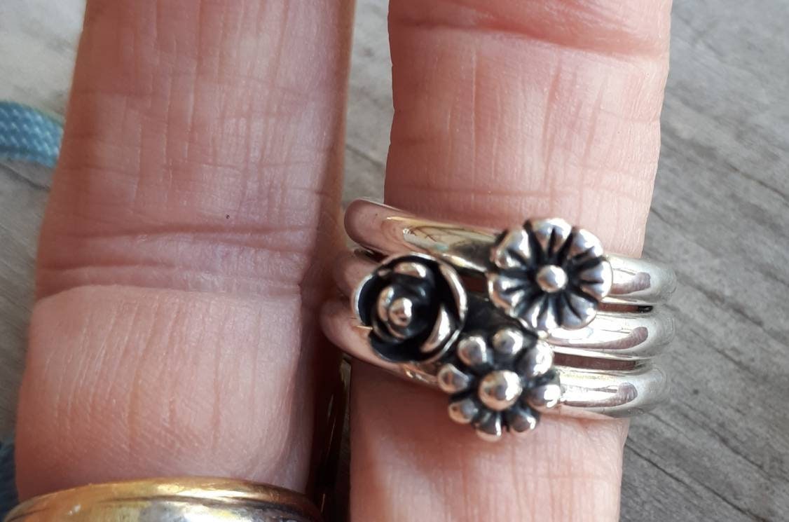stackable rings,925 sterling silver,flower ring,rose ring,chunky band,handmade,boho,goddess,wedding bands,thick silver rings,tribal
