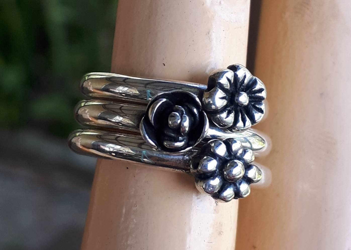 stackable rings,925 sterling silver,flower ring,rose ring,chunky band,handmade,boho,goddess,wedding bands,thick silver rings,tribal