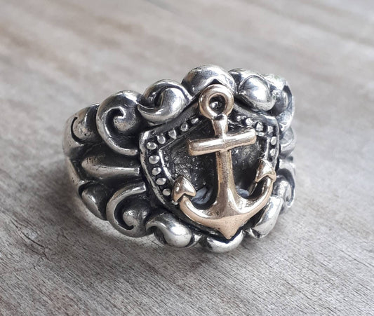 Gold Anchor ring,9k gold on 925 sterling silver band,two tone,nautical wedding ring,handmade, pirate,sailor,marine,shield ring