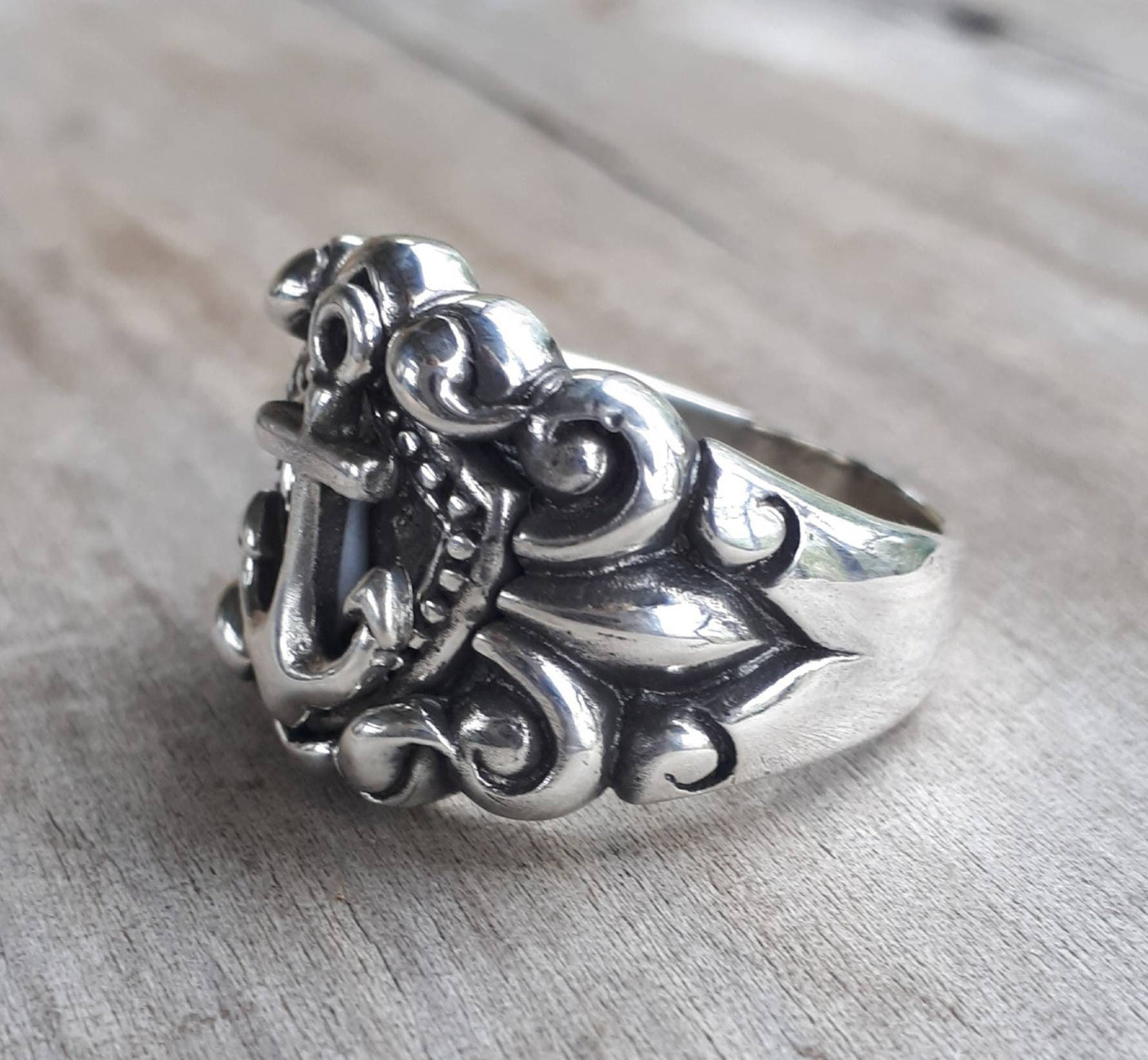 Gold Anchor ring,9k gold on 925 sterling silver band,two tone,nautical wedding ring,handmade, pirate,sailor,marine,shield ring