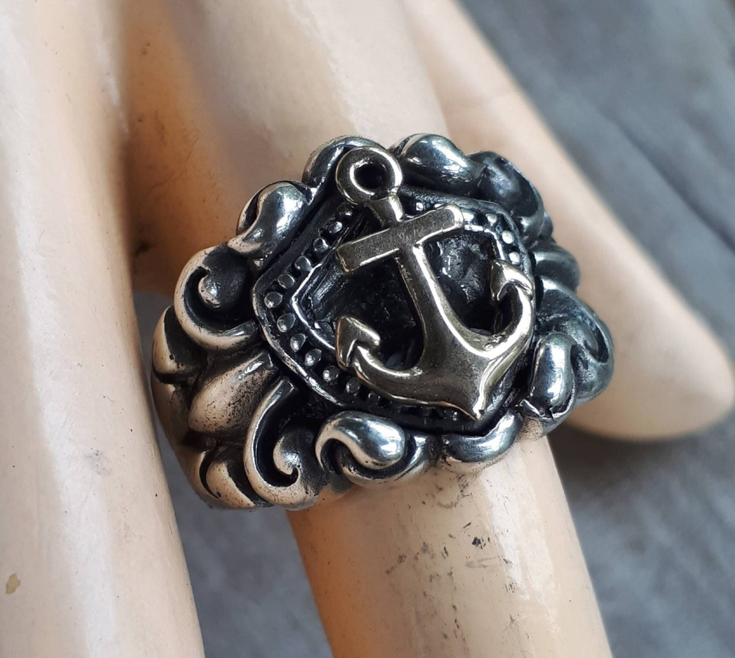 Gold Anchor ring,9k gold on 925 sterling silver band,two tone,nautical wedding ring,handmade, pirate,sailor,marine,shield ring
