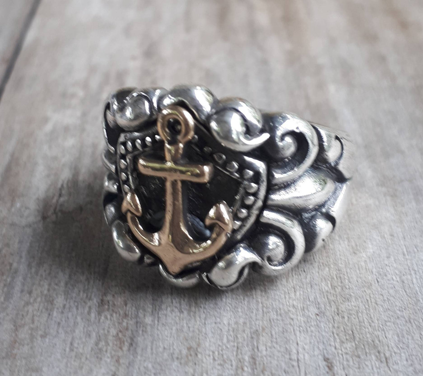 Gold Anchor ring,9k gold on 925 sterling silver band,two tone,nautical wedding ring,handmade, pirate,sailor,marine,shield ring