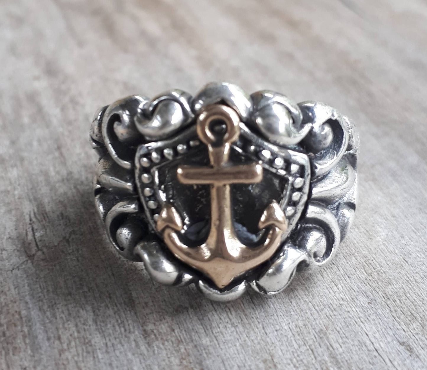 Gold Anchor ring,9k gold on 925 sterling silver band,two tone,nautical wedding ring,handmade, pirate,sailor,marine,shield ring