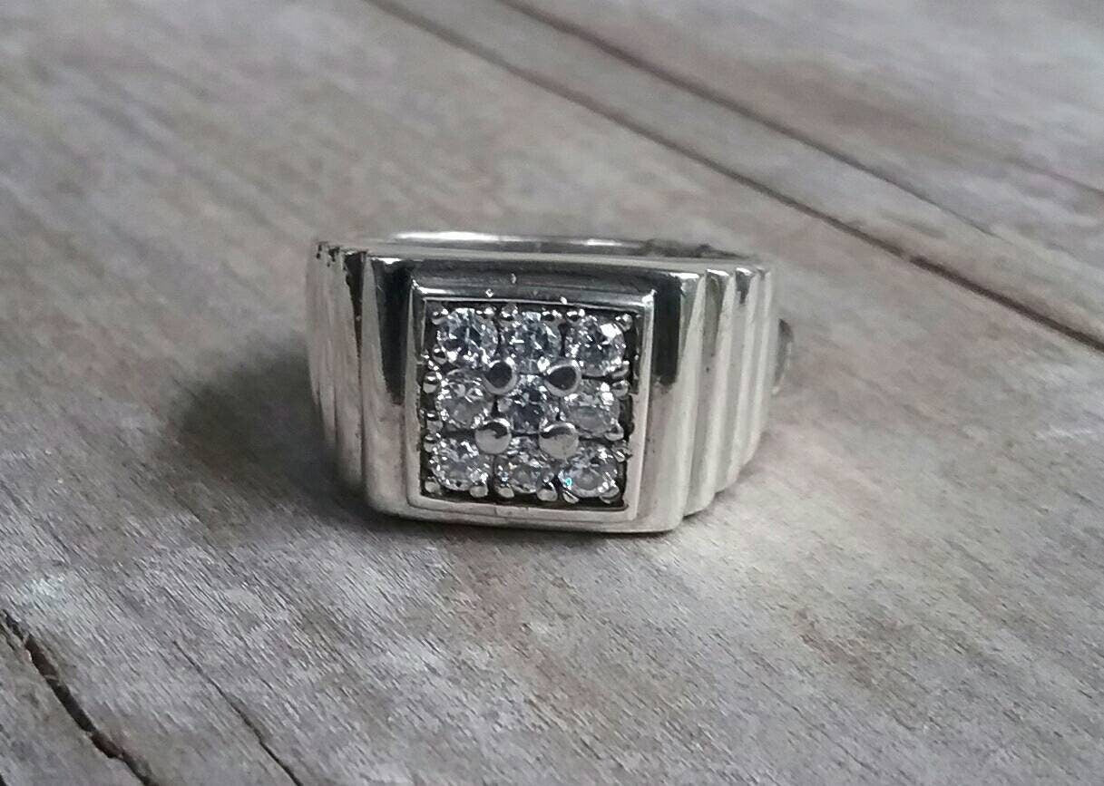 Cz ring,square top ring,cubic zirconia, mans dress ring,sterling silver,signet ring,silver stone ring,hipster,handmade,