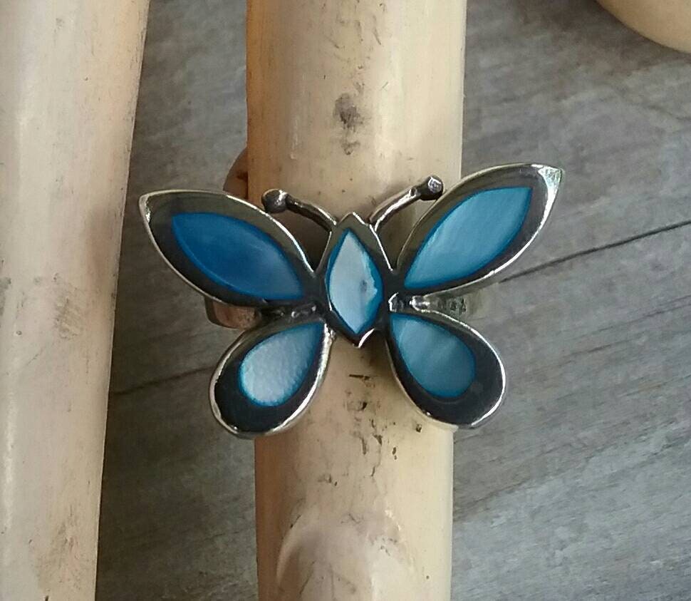 Butterfly ring,925 sterling silver,mother of pearl,inlay,shell, paua,abalone,handmade,goddess,boho,art nouveau,retro,