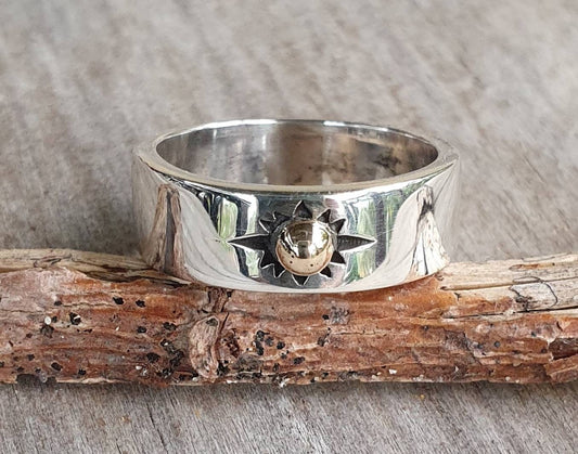 Gold and silver two tone ring,925 sterling silver band with 9k/9ct centre ball,sun ring,wedding ring,