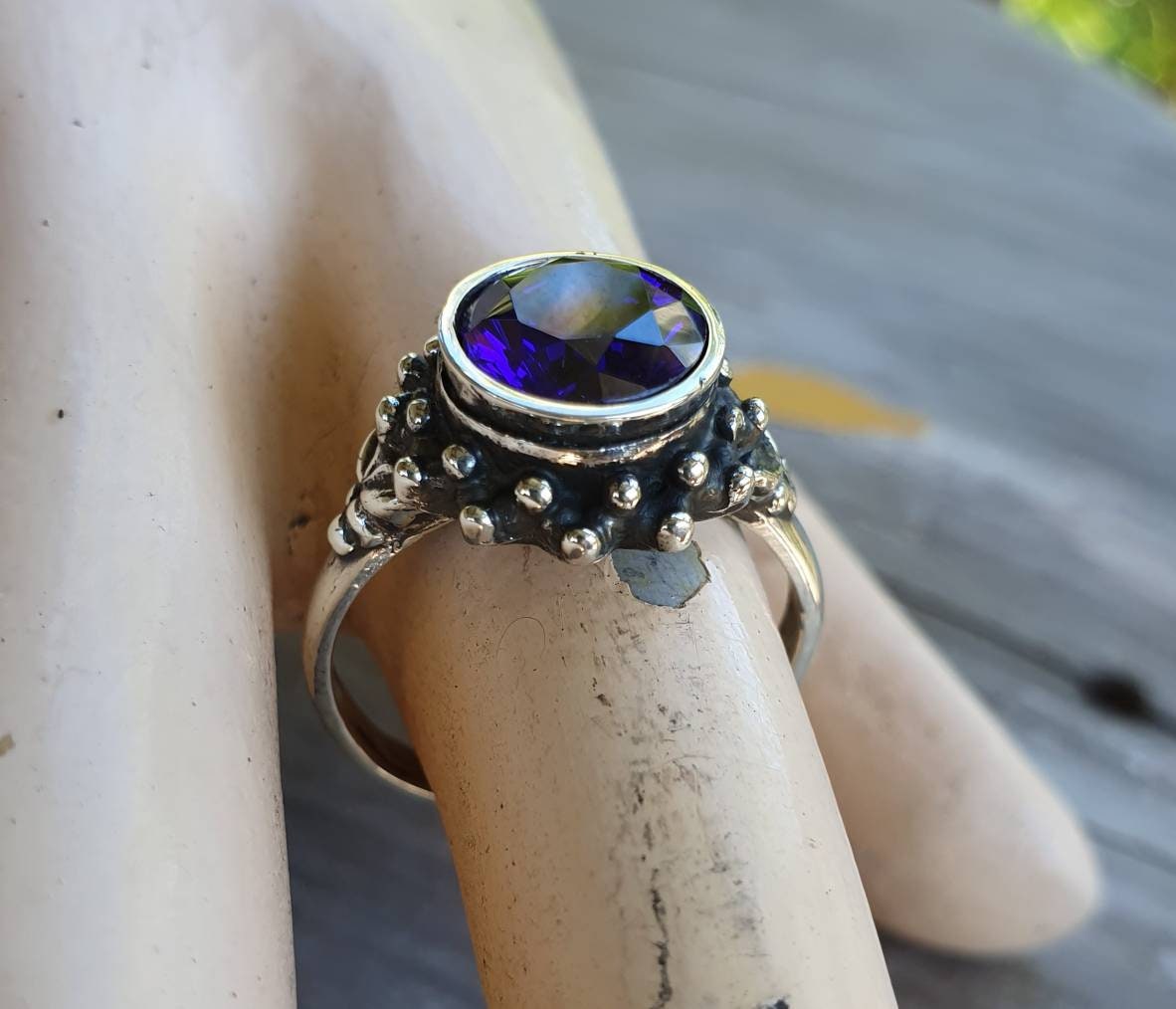 Amethyst cz ring,925 sterling silver, handmade,cubic zirconia goddess,boho,solitare ring,new age,ball ring,goddess,purple stone,