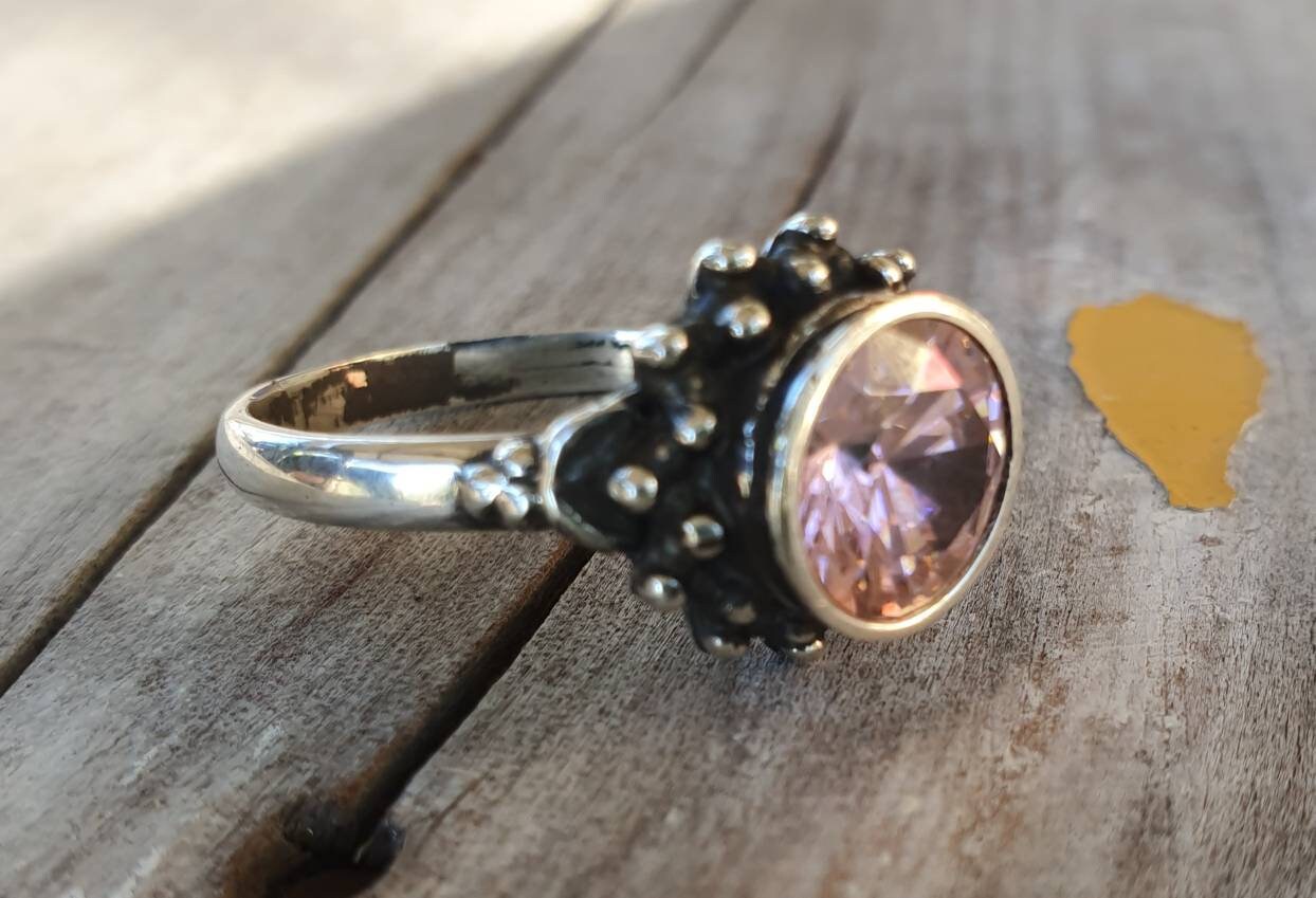 cz ring,925 sterling silver,handmade ball ring,goddess,boho,solitare ring,new age,ball ring,goddess,cubic zirconia,purple stone,