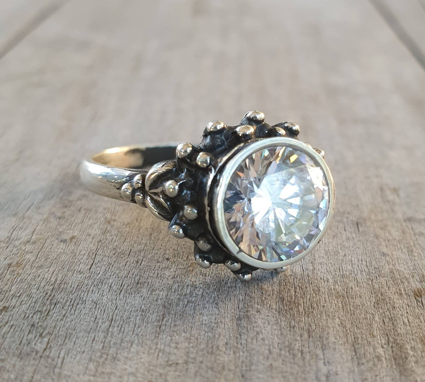 cz ring,925 sterling silver,handmade ball ring,goddess,boho,solitare ring,new age,ball ring,goddess,cubic zirconia,purple stone,