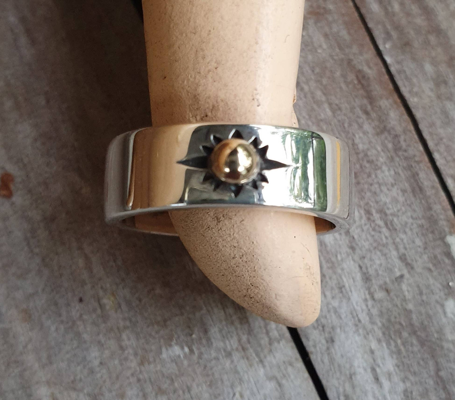 Gold and silver two tone ring,925 sterling silver band with 9k/9ct centre ball,sun ring,wedding ring,
