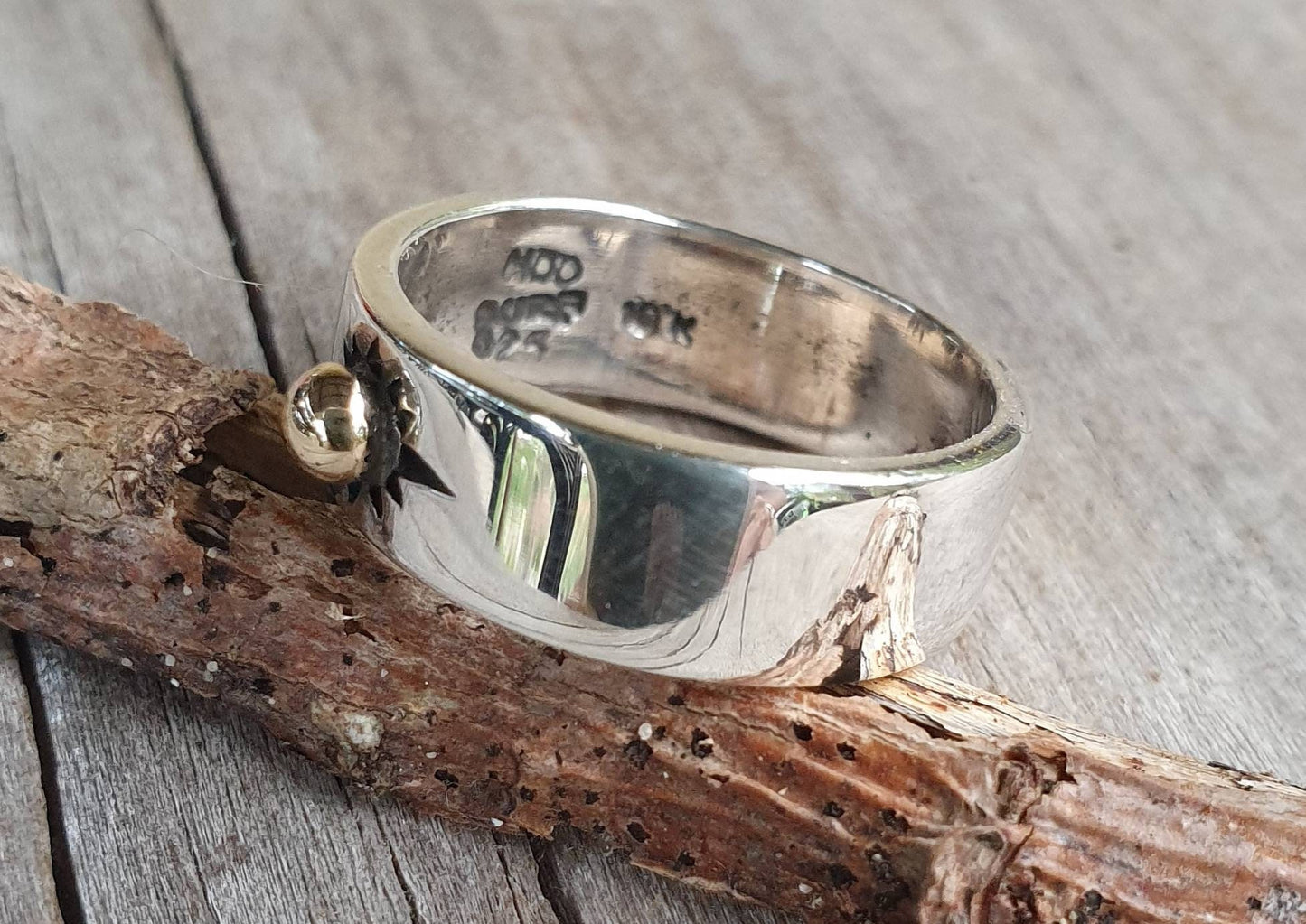 Gold and silver two tone ring,925 sterling silver band with 9k/9ct centre ball,sun ring,wedding ring,