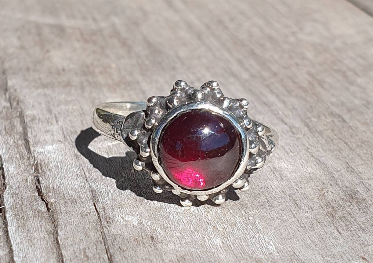 Two tone Garnet ring,9k and sterling silver, handmade mixed metal, goddess,boho,solitare,ball ring