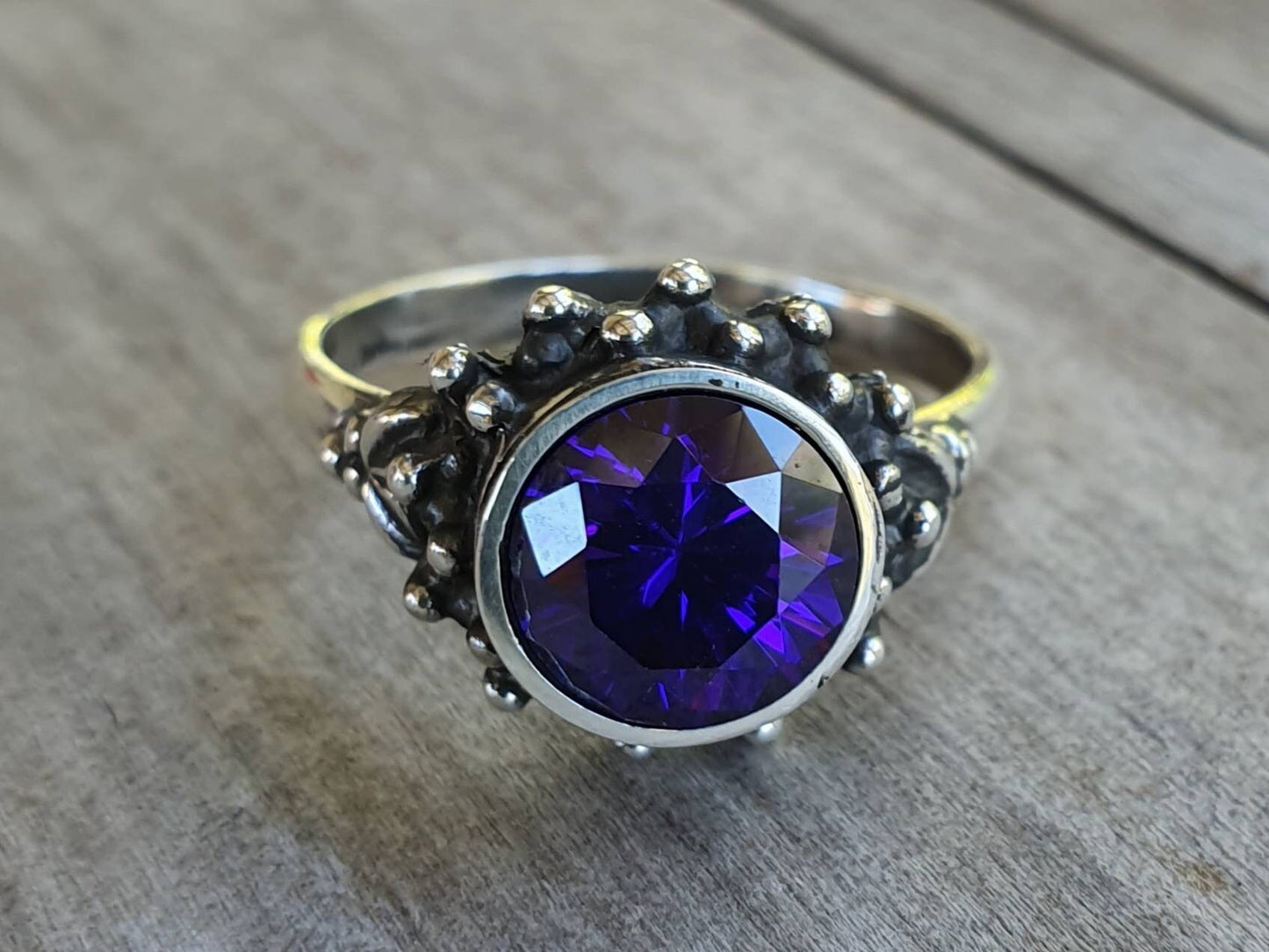 Amethyst cz ring,925 sterling silver, handmade,cubic zirconia goddess,boho,solitare ring,new age,ball ring,goddess,purple stone,