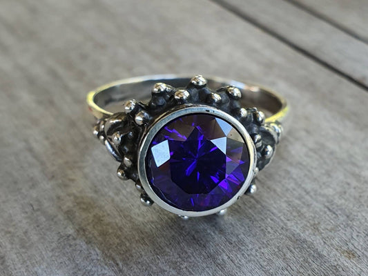 Amethyst cz ring,925 sterling silver, handmade,cubic zirconia goddess,boho,solitare ring,new age,ball ring,goddess,purple stone,