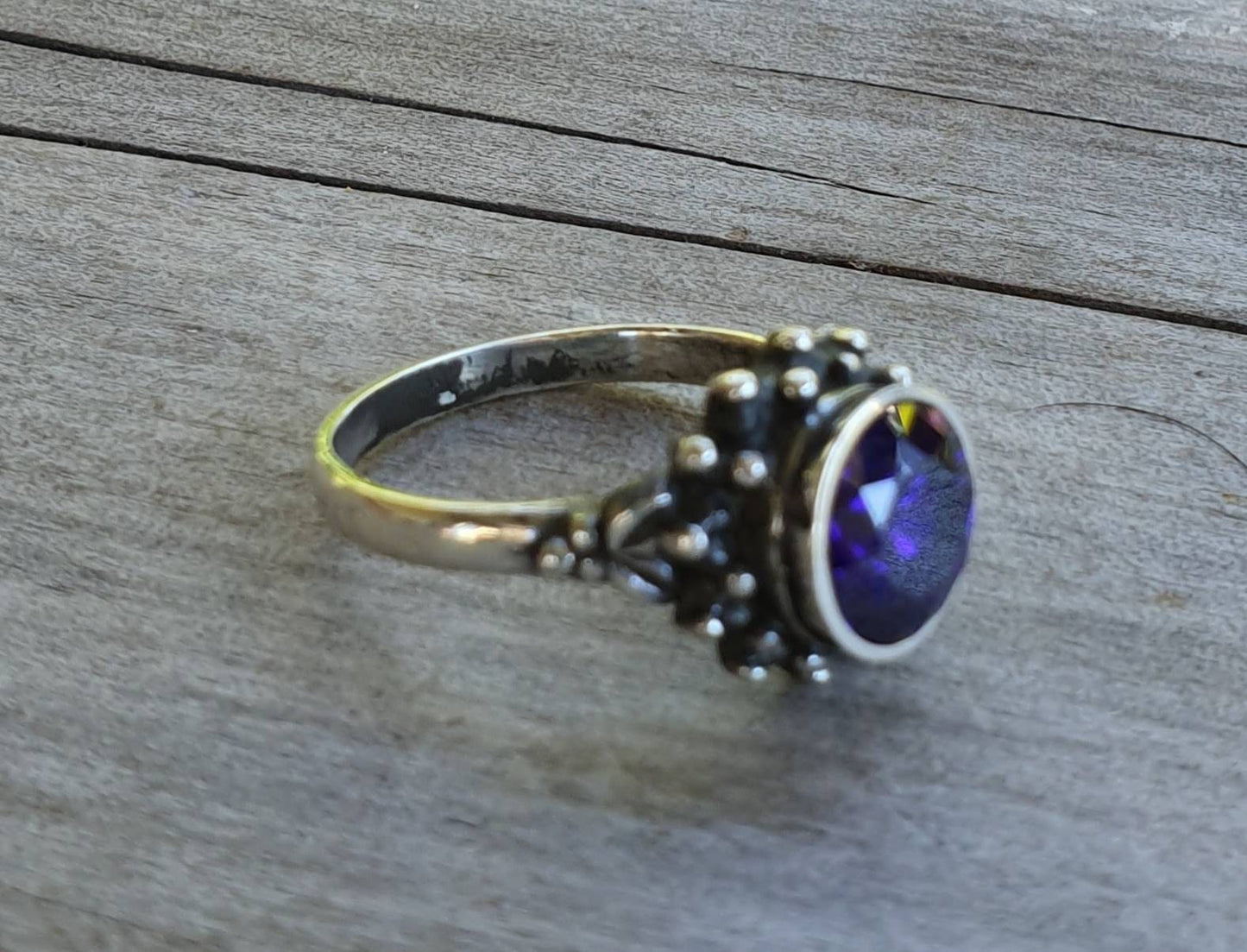 cz ring,925 sterling silver,handmade ball ring,goddess,boho,solitare ring,new age,ball ring,goddess,cubic zirconia,purple stone,