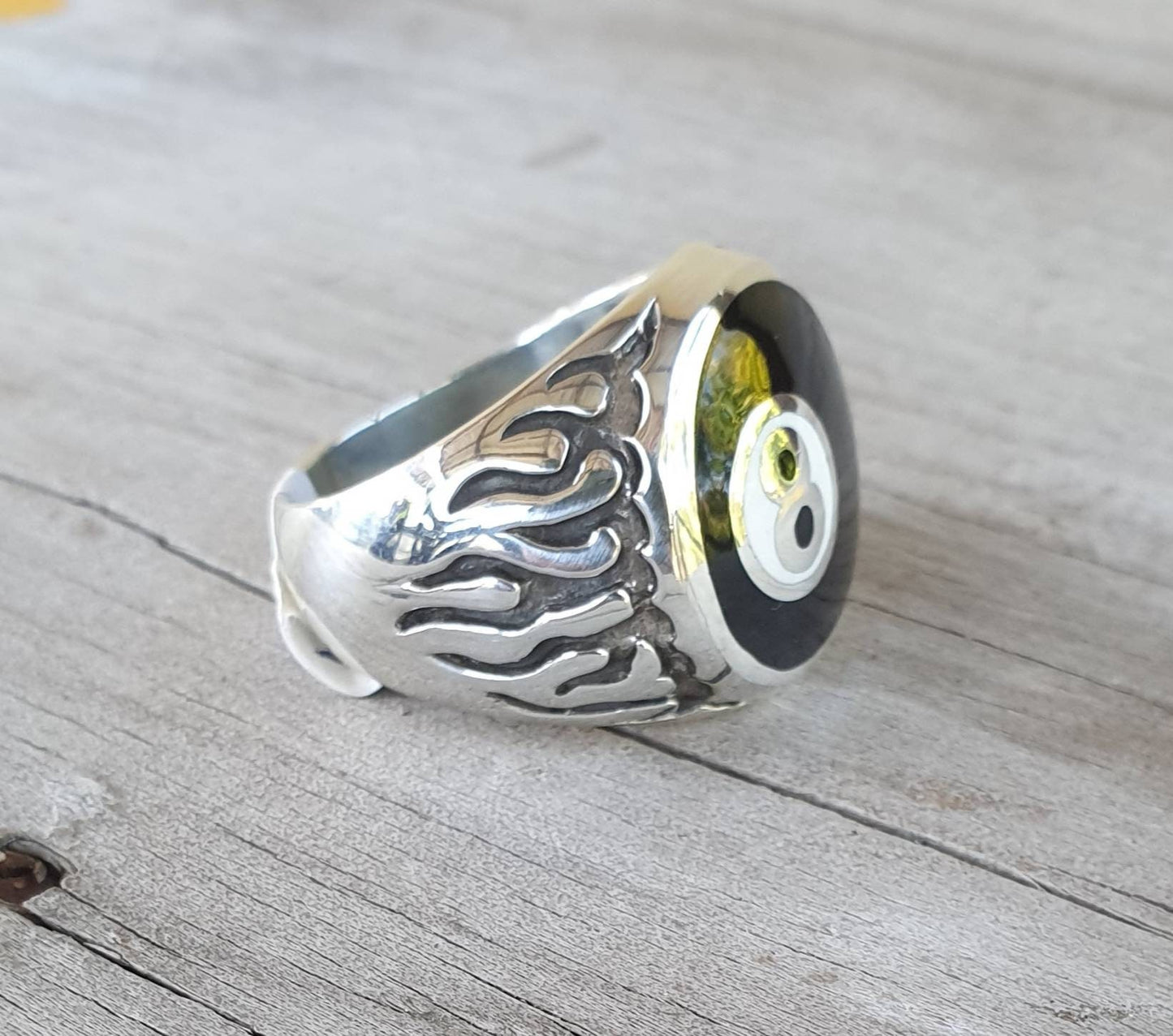 Eight ball,flame ring,snooker,pool,billards, biker,rockabilly,sterling silver,hand made,unisex ring,kustom culture,enameled,round signet