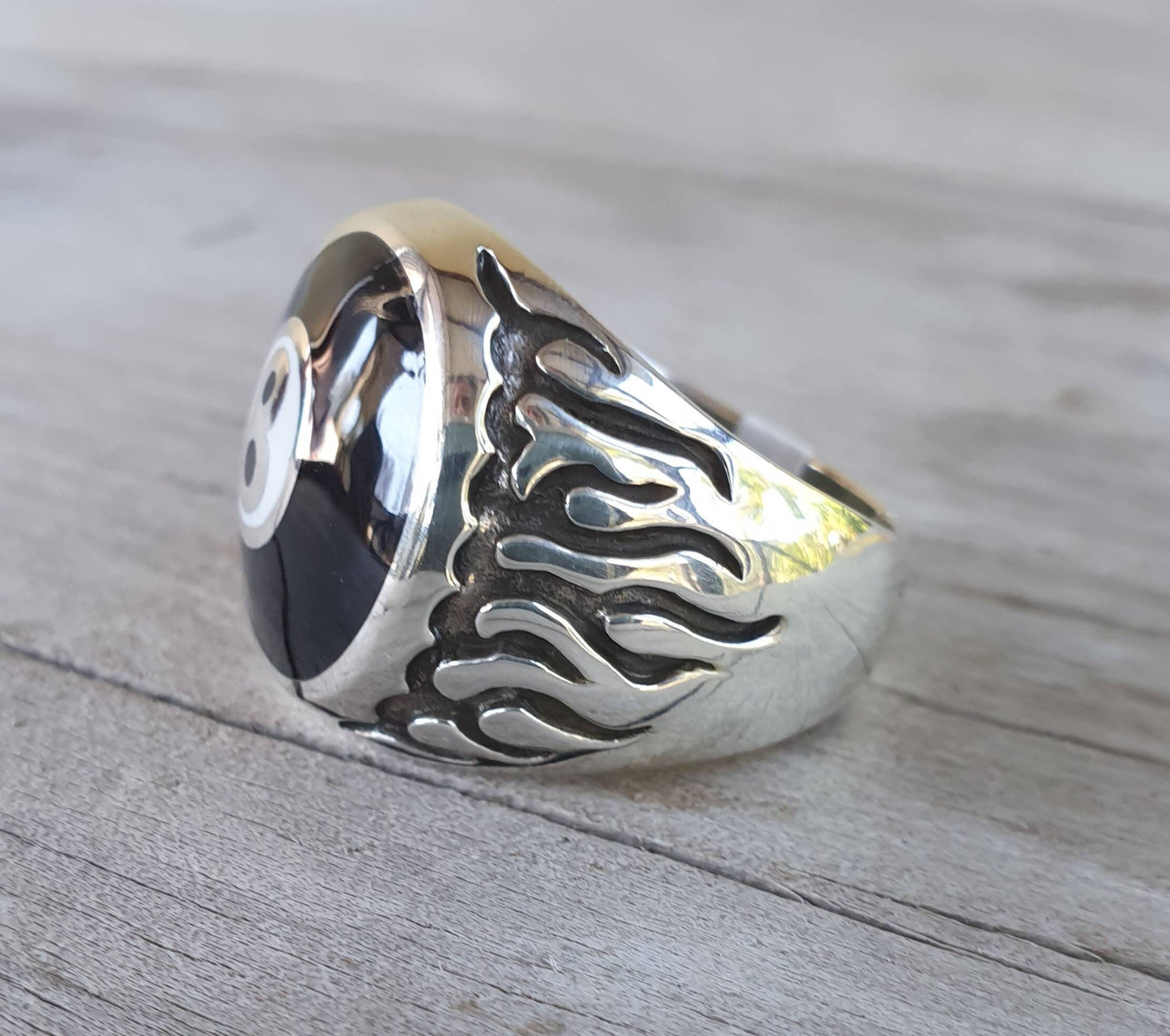 Eight ball,flame ring,snooker,pool,billards, biker,rockabilly,sterling silver,hand made,unisex ring,kustom culture,enameled,round signet