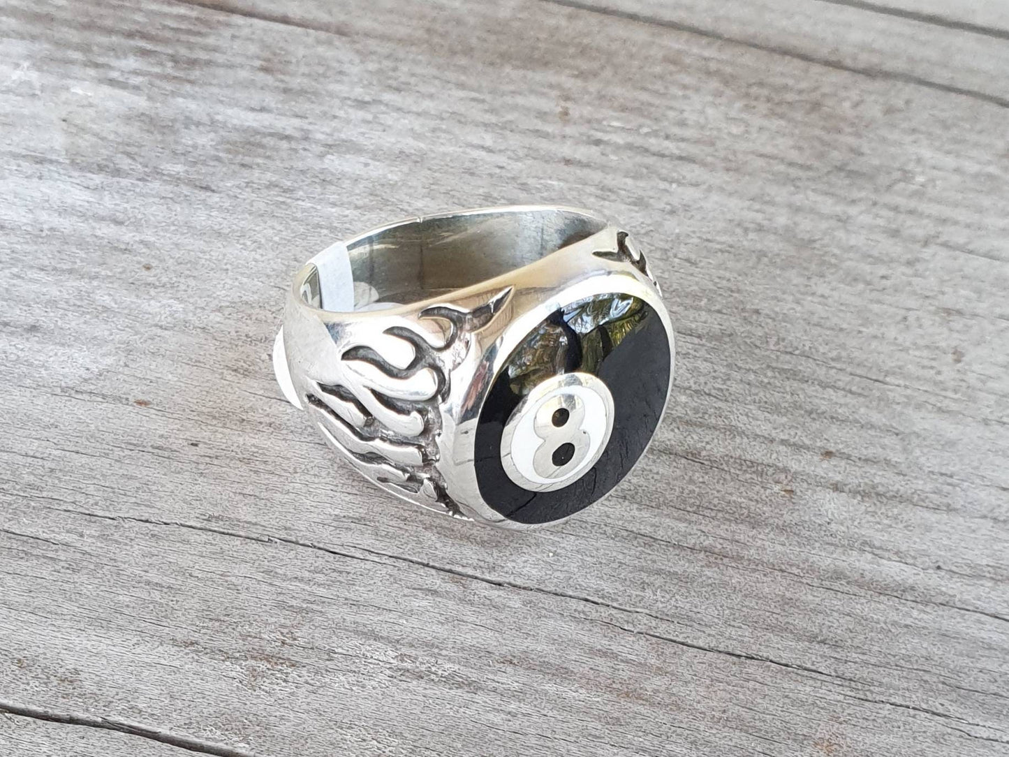 Eight ball,flame ring,snooker,pool,billards, biker,rockabilly,sterling silver,hand made,unisex ring,kustom culture,enameled,round signet