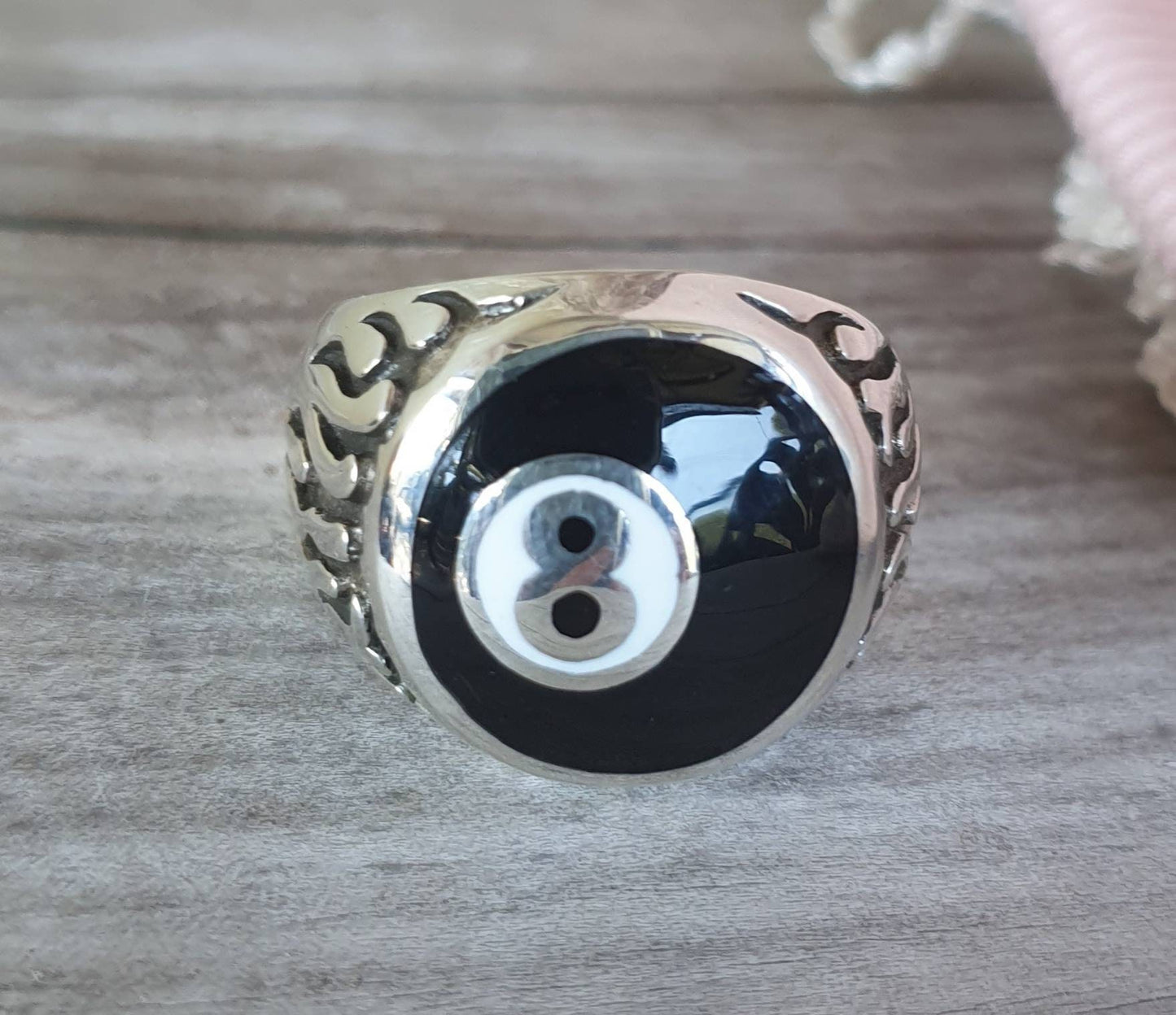 Eight ball,flame ring,snooker,pool,billards, biker,rockabilly,sterling silver,hand made,unisex ring,kustom culture,enameled,round signet