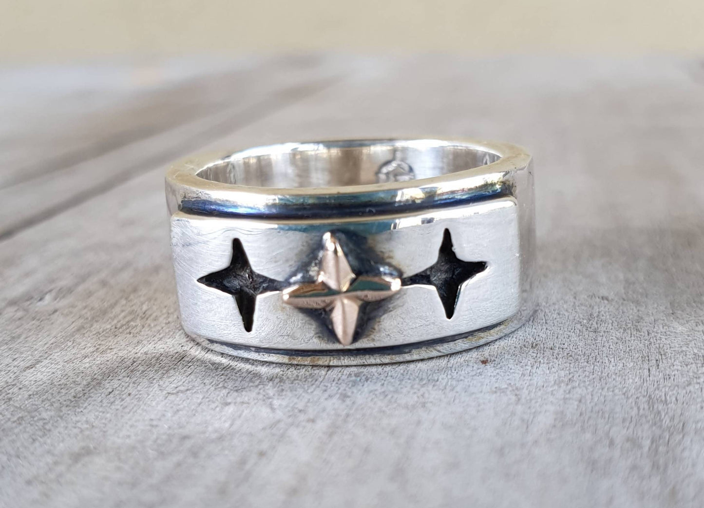 Gold star ring,two tone ring,10k gold and sterling silver,chunky,even cross, wedding,oxidized,Christian,
