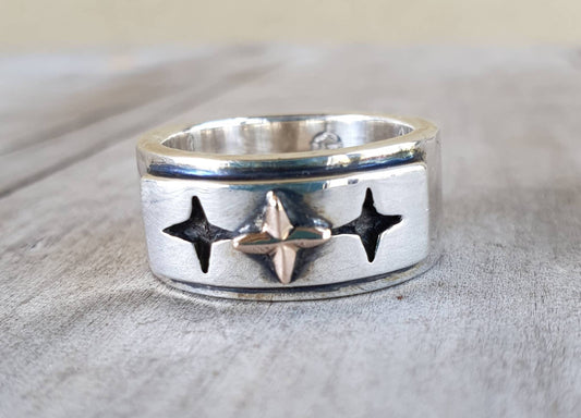 Gold star ring,two tone ring,10k gold and sterling silver,chunky,even cross, wedding,oxidized,Christian,