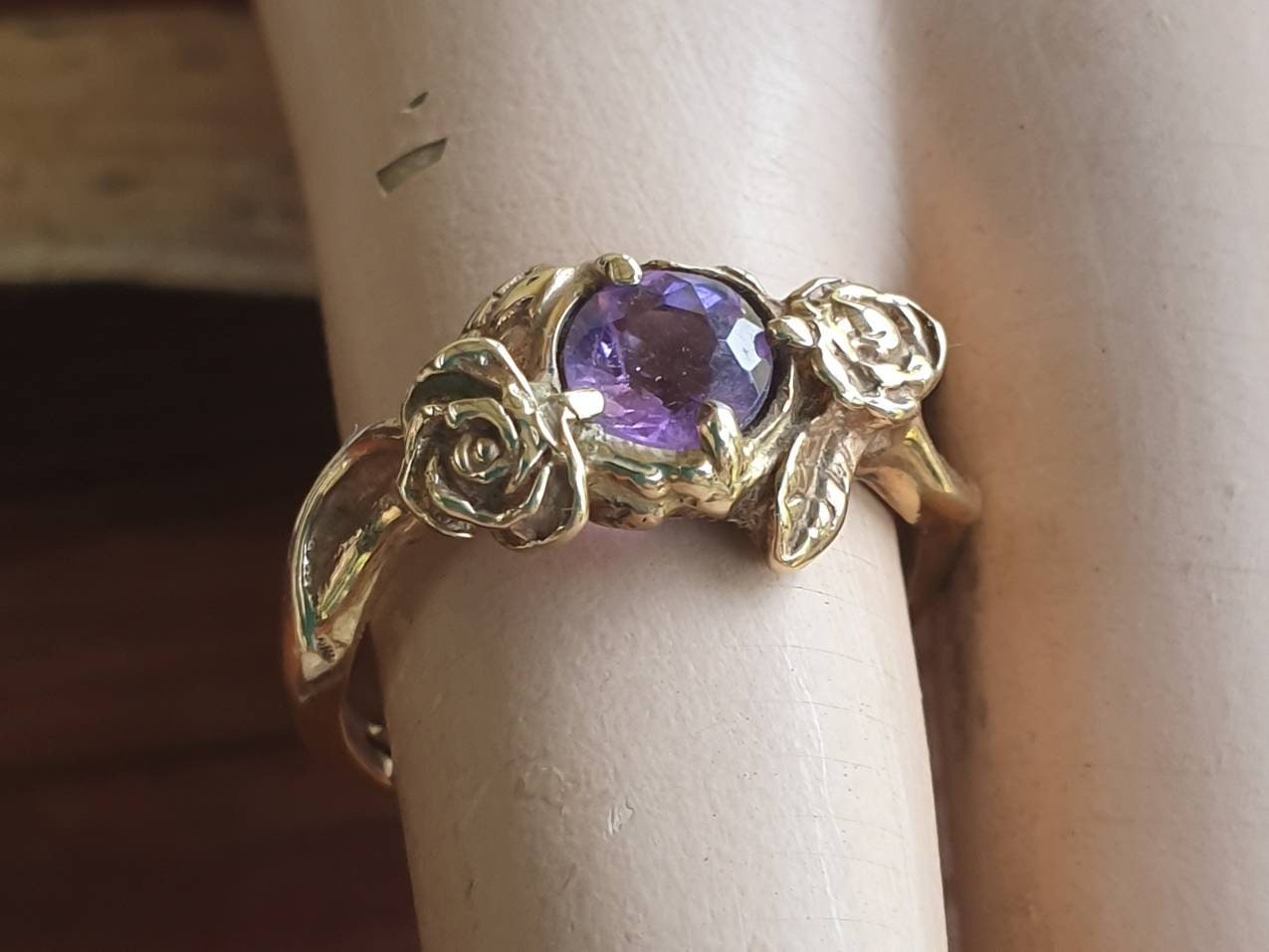 9k Gold rose ring,amethyst,9ct gold,flower,boho,art nouveau,victorian,vintage,handmade,gypsy,goddess,women fashion