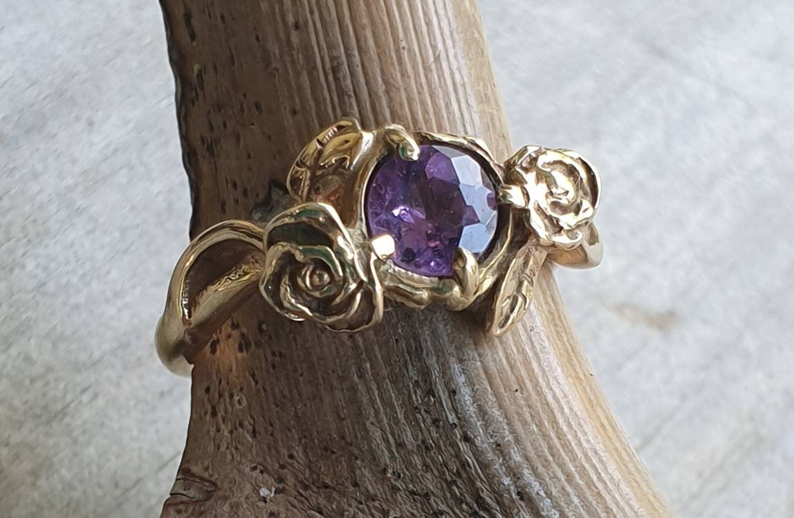 9k Gold rose ring,amethyst,9ct gold,flower,boho,art nouveau,victorian,vintage,handmade,gypsy,goddess,women fashion