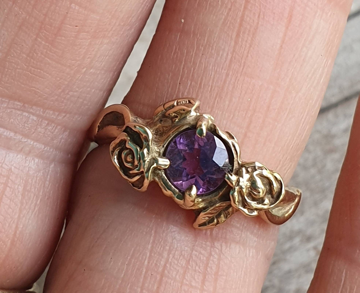 9k Gold rose ring,amethyst,9ct gold,flower,boho,art nouveau,victorian,vintage,handmade,gypsy,goddess,women fashion