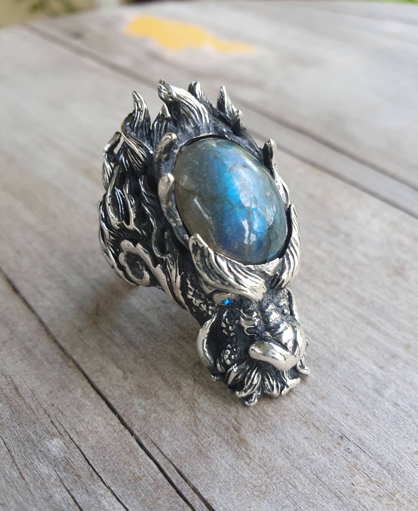 dragon ring,labradorite,large sterling silver dragon,chunky,geiger,steampunk,mythical dragon, chinese dragon,Labrodite,